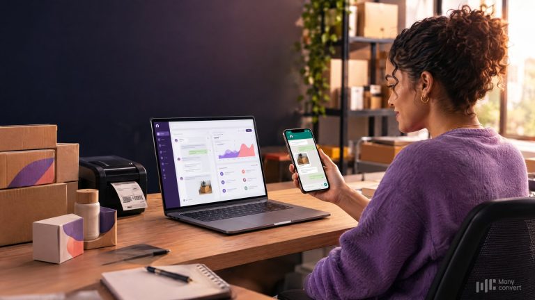 Gestora de e-commerce usando o WhatsApp Business no celular e um painel de automação no notebook, no mesmo número