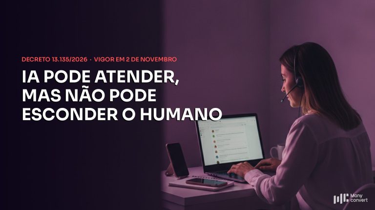 Atendente de e-commerce com headset em frente a um painel de conversas de clientes, com o título IA pode atender, mas não pode esconder o humano