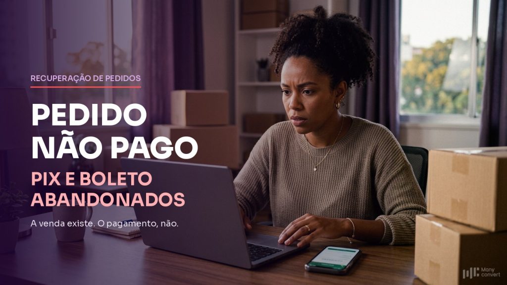 Mulher dona de e-commerce olhando preocupada para o notebook, com celular mostrando pagamento por Pix na mesa e caixas de envio ao fundo